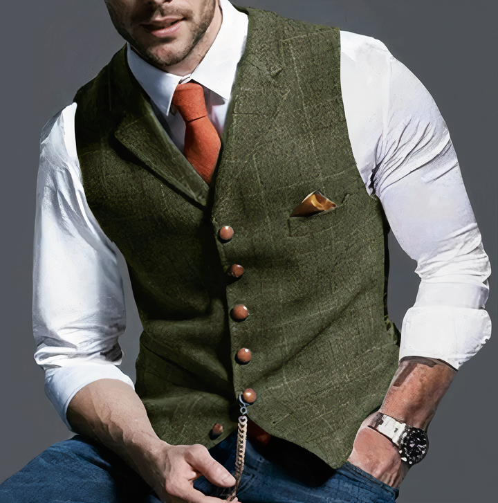 Luxury Checked Men's Gilet - Edward-Olive Green-S-State of Style