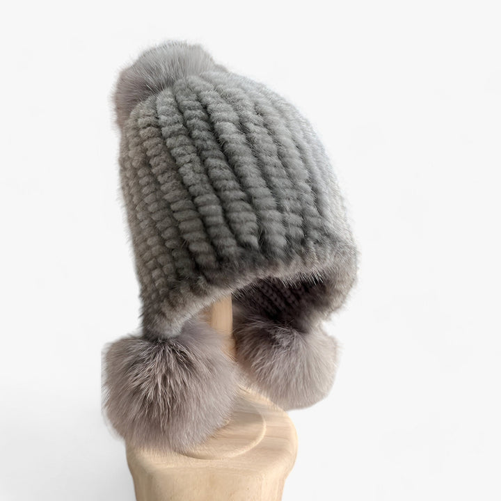 Luxury Fur Hat by Wezel with Fox Fur Pom Pom - Valeria-Grey 2-Elastic Band-State of Style