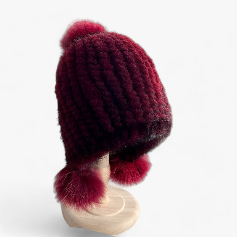 Luxury Fur Hat by Wezel with Fox Fur Pom Pom - Valeria-Wine Red-Elastic Band-State of Style