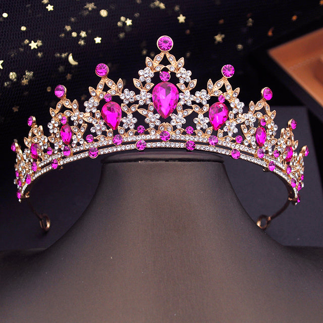 Luxury Gold Crystal Crown – Vintage-Style Regal Tiara-Rose Red-State of Style