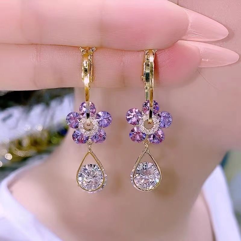 Luxury Hook Earrings with Flower Detail – LunaBloom-Purple-State of Style
