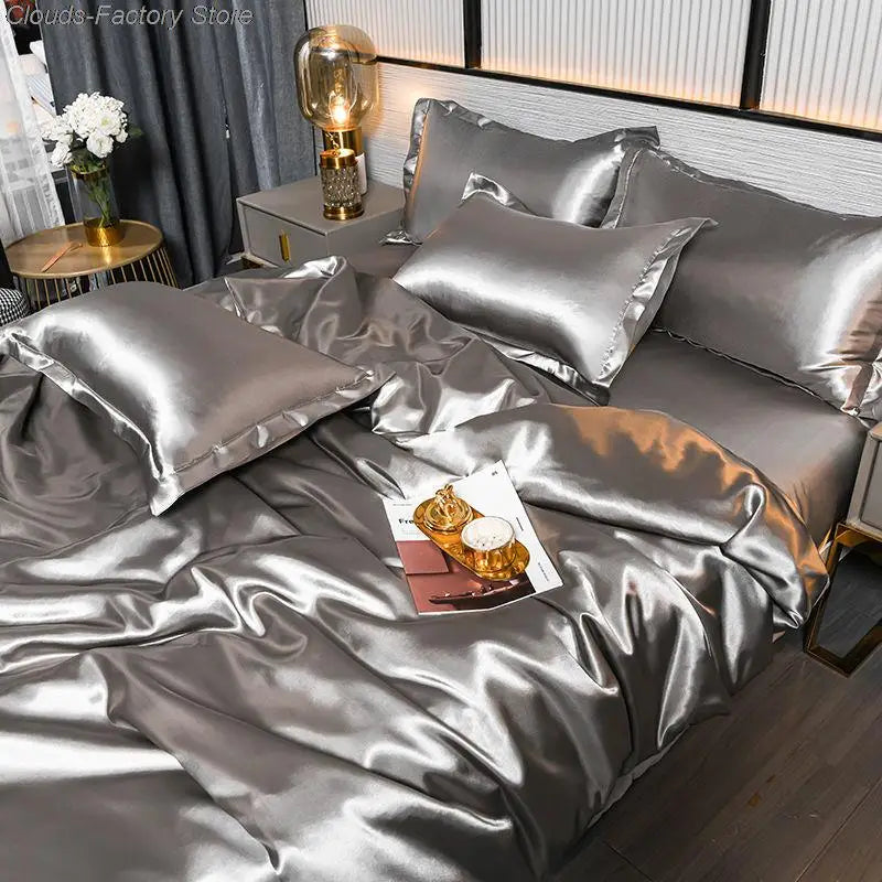 Luxury Plain Satin Duvet Cover - SilkSerenity-Silver-150X200CM-State of Style