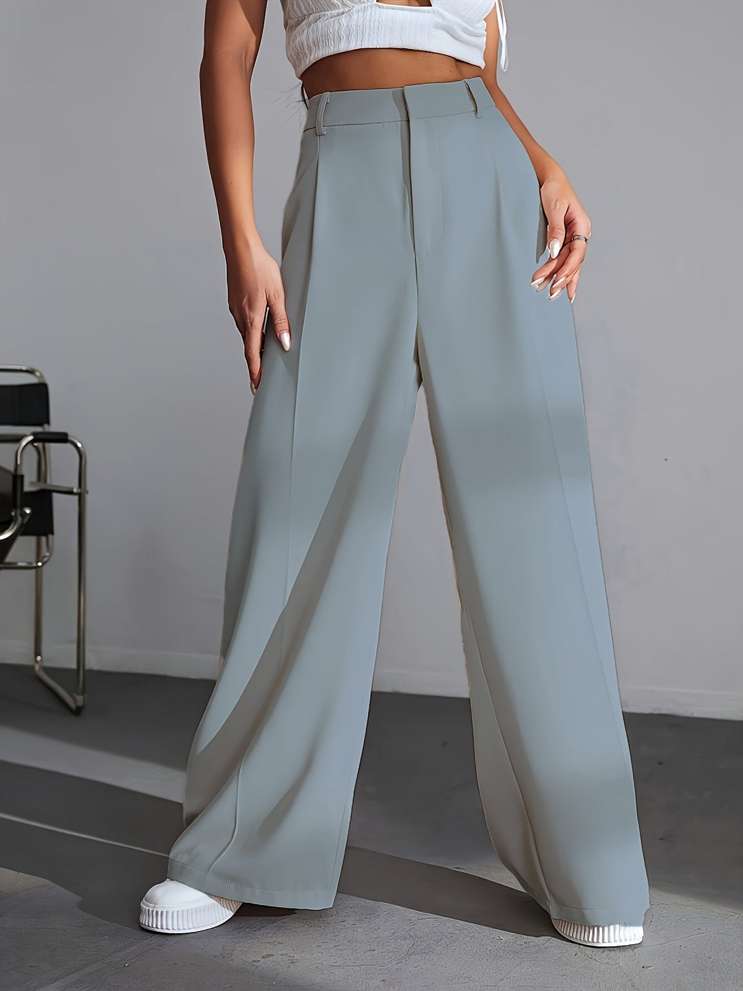 Luxury Plain Trousers With Wide Legs - Lana-S-Blue-State of Style