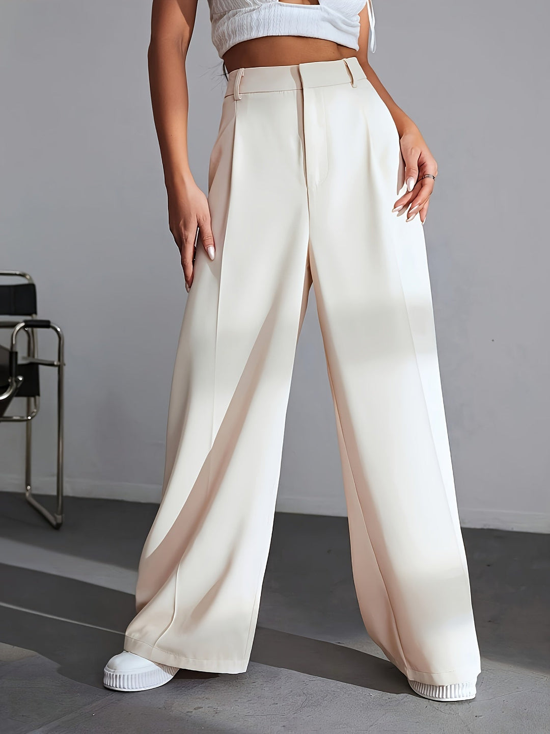 Luxury Plain Trousers With Wide Legs - Lana-S-White-State of Style