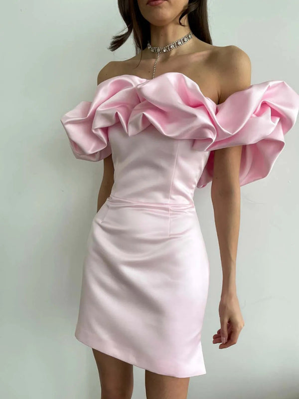 Luxury Satin Dress with Ruffles - Elise-Pink-S-State of Style