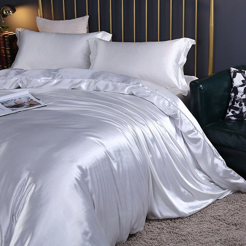 Luxury Silk/Satin Bedding Set (4-Piece) - SilkSleep-150cm Fitted Sheet + Duvet 200x230cm + 2 Pillowcases-White-State of Style
