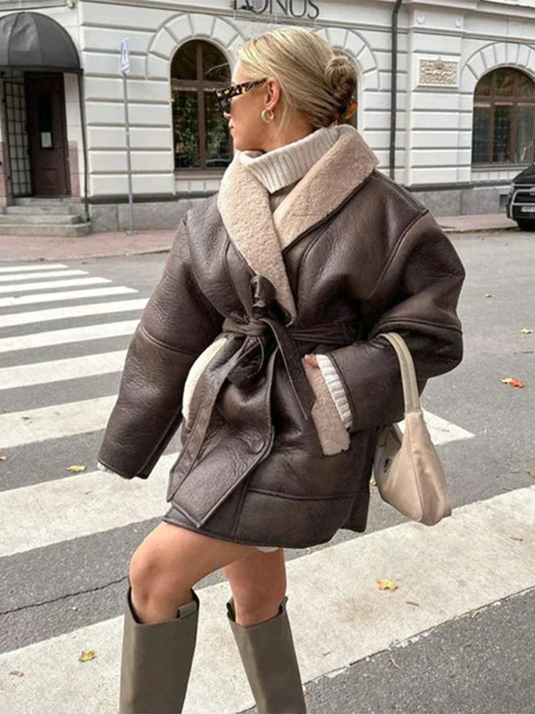 Luxury Winter Coat Made of Leather and Fur - Mirabelle-Brown-S-State of Style