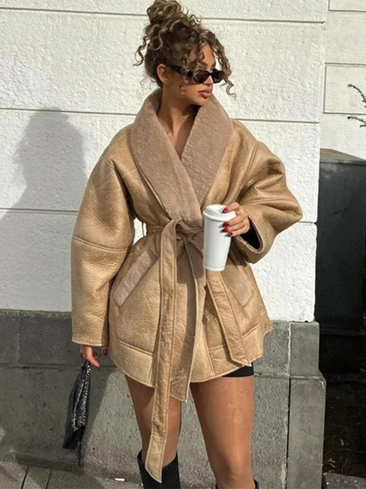 Luxury Winter Coat Made of Leather and Fur - Mirabelle-Khaki-S-State of Style