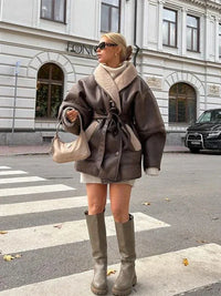 Luxury Winter Coat Made of Leather and Fur - Mirabelle-Khaki-S-State of Style