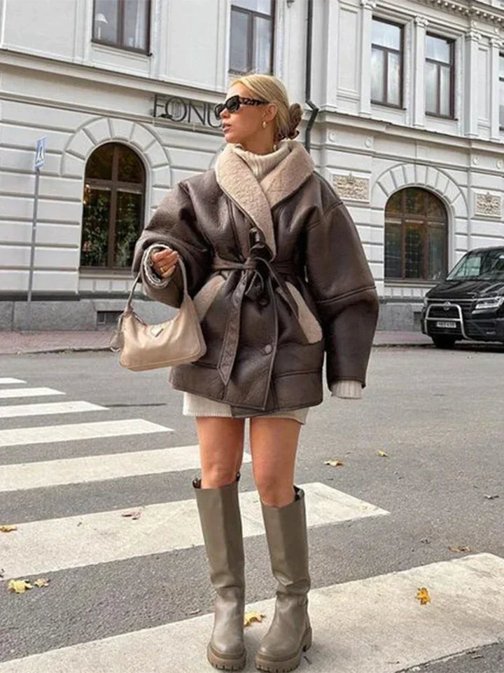Luxury Winter Coat Made of Leather and Fur - Mirabelle-Khaki-S-State of Style