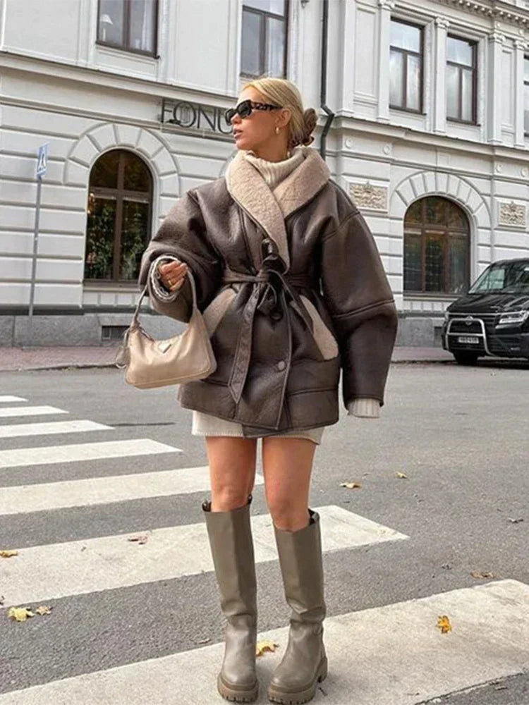 Luxury Winter Coat Made of Leather and Fur - Mirabelle-Khaki-S-State of Style
