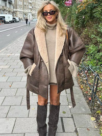 Luxury Winter Coat Made of Leather and Fur - Mirabelle-Khaki-S-State of Style