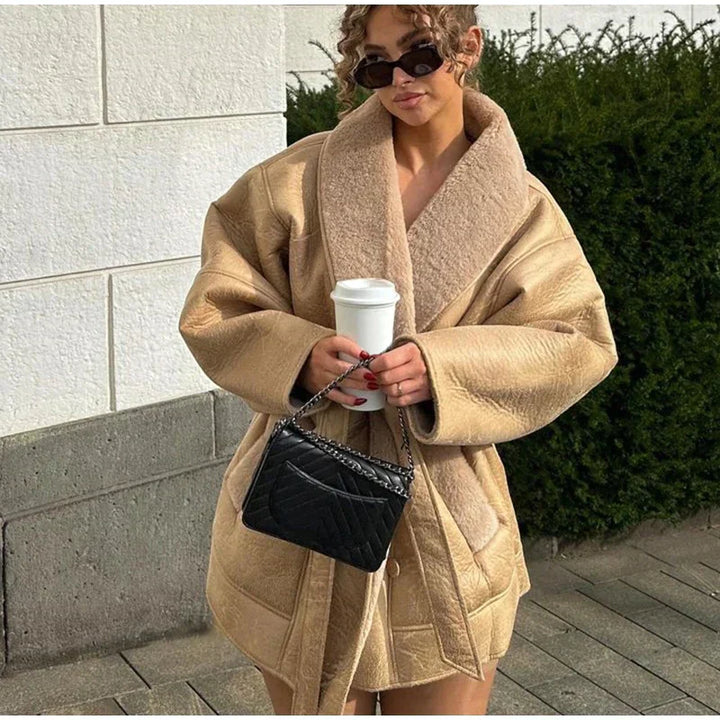 Luxury Winter Coat Made of Leather and Fur - Mirabelle-Khaki-S-State of Style