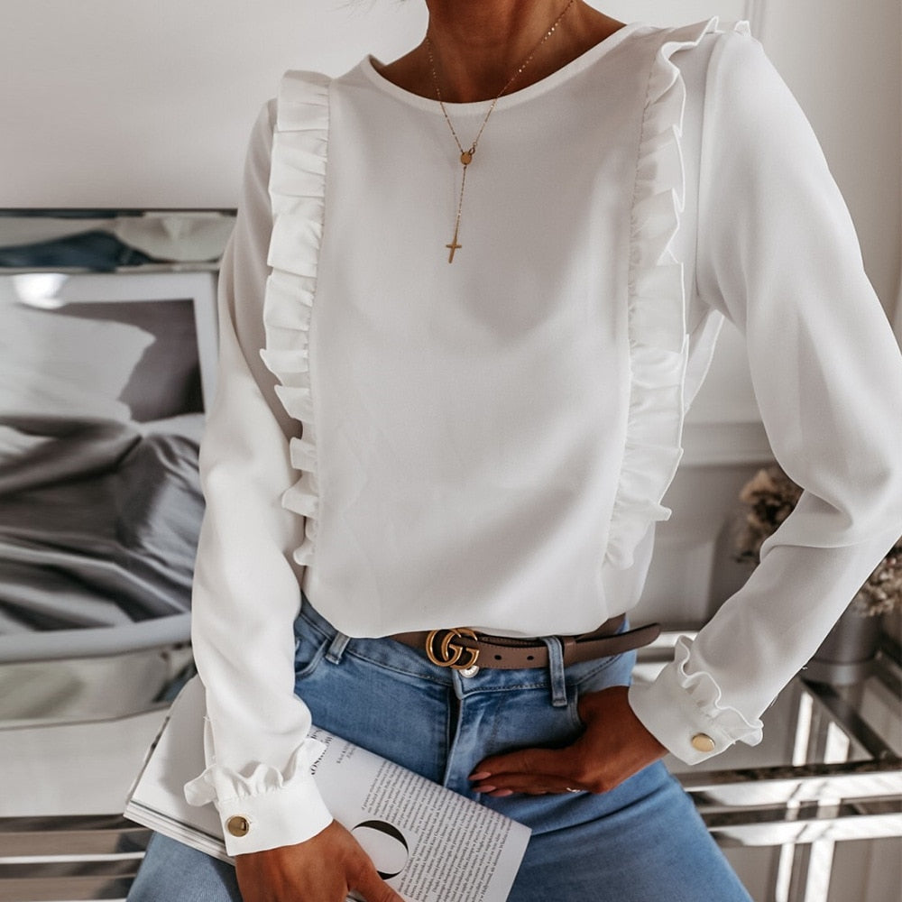 MadeliefBlouse | Women's Elegant Long-Sleeve Blouse-White-S-State of Style