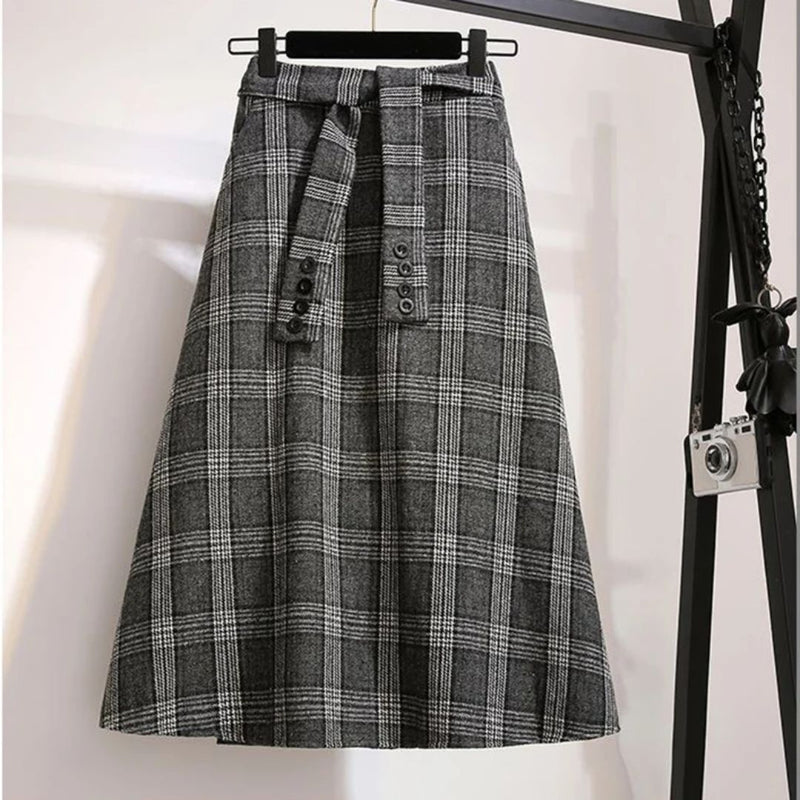 Margaux Traditional Skirt – High-Waisted Wool Check A-Line Skirt-Grey-S-State of Style