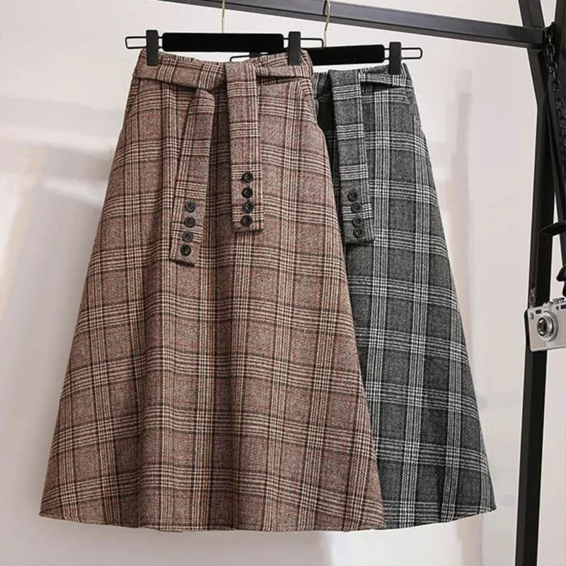 Margaux Traditional Skirt – High-Waisted Wool Check A-Line Skirt-Khaki-S-State of Style