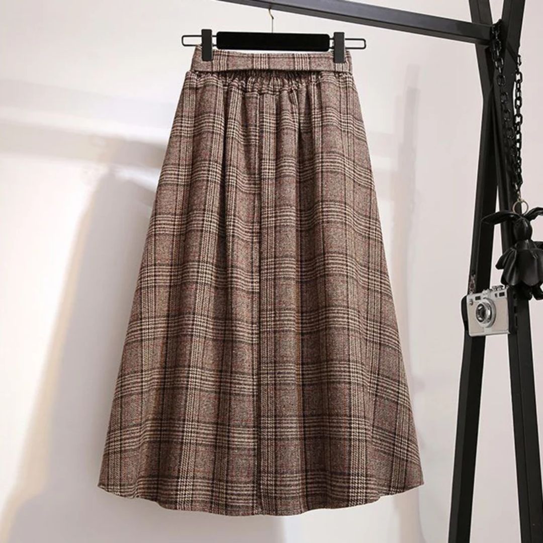 Margaux Traditional Skirt – High-Waisted Wool Check A-Line Skirt-Khaki-S-State of Style