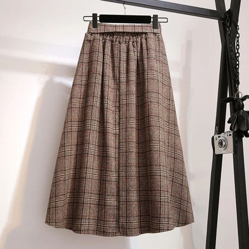 Margaux Traditional Skirt – High-Waisted Wool Check A-Line Skirt-Khaki-S-State of Style