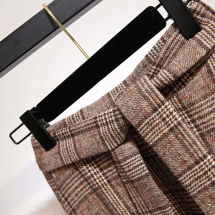 Margaux Traditional Skirt – High-Waisted Wool Check A-Line Skirt-Khaki-S-State of Style