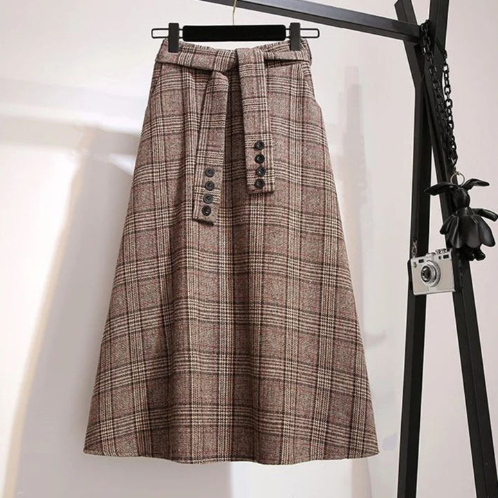 Margaux Traditional Skirt – High-Waisted Wool Check A-Line Skirt-Khaki-S-State of Style