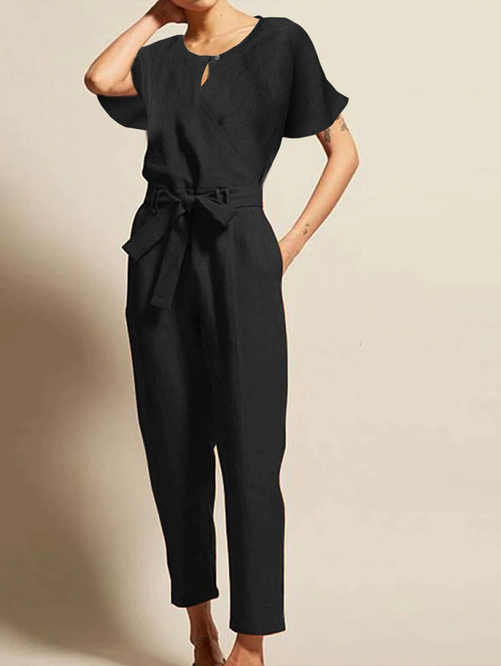 Mathilda | Radiant Summer Jumpsuit with Short Sleeves and Belt-Black-S-State of Style