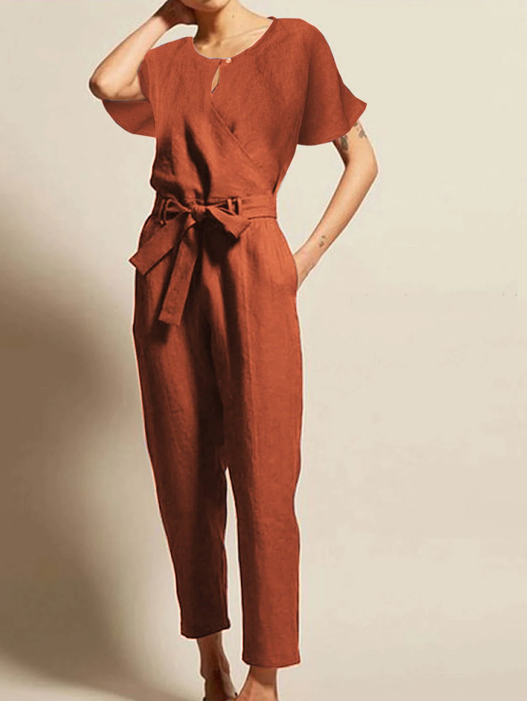 Mathilda | Radiant Summer Jumpsuit with Short Sleeves and Belt-Brown-S-State of Style