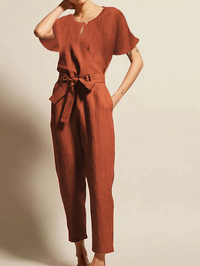 Mathilda | Radiant Summer Jumpsuit with Short Sleeves and Belt-Brown-S-State of Style