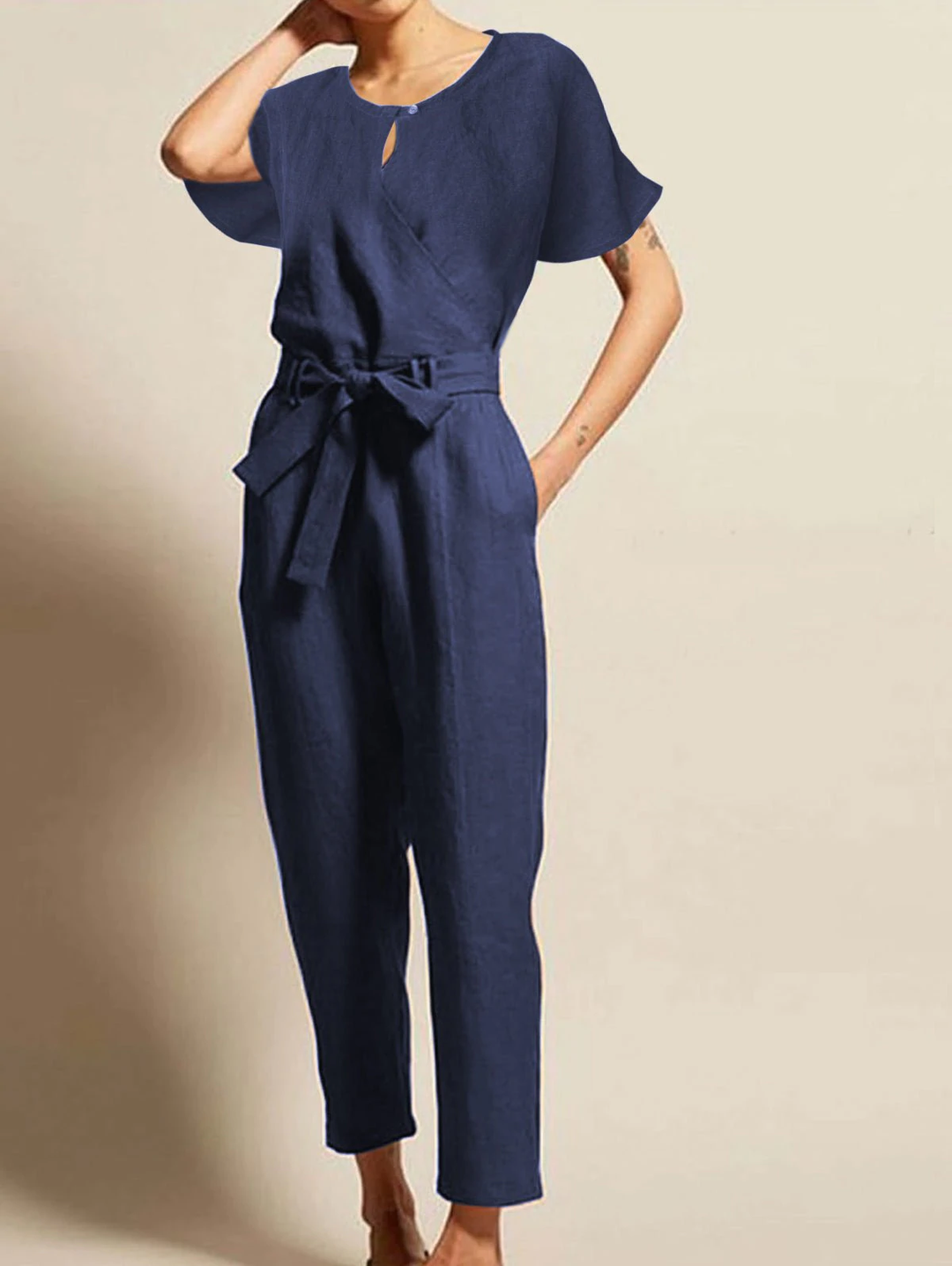 Mathilda | Radiant Summer Jumpsuit with Short Sleeves and Belt-Navy Blue-S-State of Style