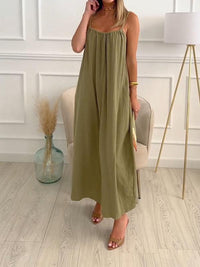 Maxi Dress in Cotton and Linen with Round Neck – Elin-Green-S-State of Style