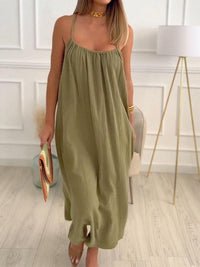 Maxi Dress in Cotton and Linen with Round Neck – Elin-White-S-State of Style