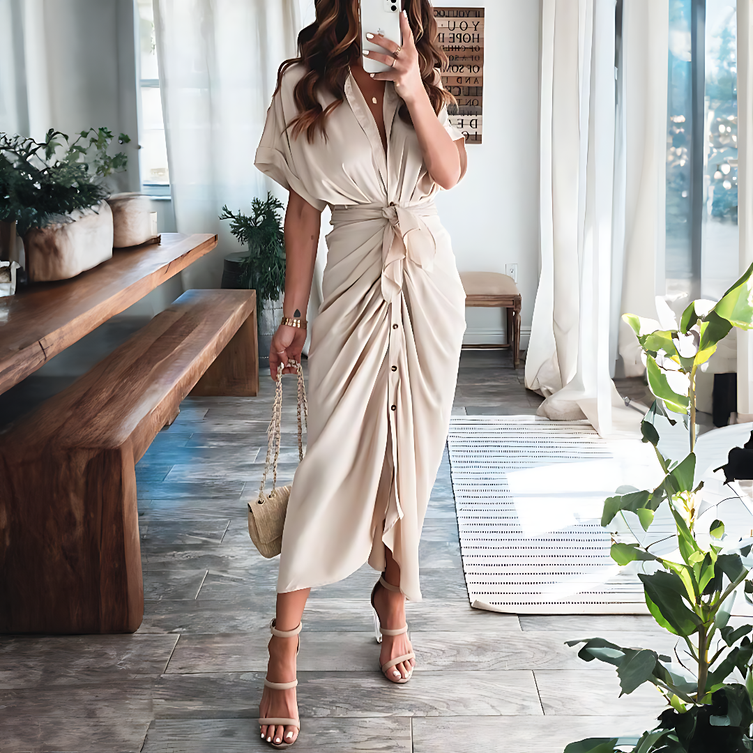Maxi dress with ruffles and V-neck summer style women's fashion - Elina-Gold-S-State of Style