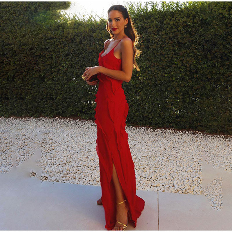 Maxi Dress with Ruffles - GraceFlow-Red-S-State of Style