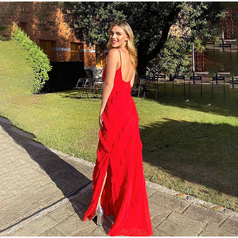 Maxi Dress with Ruffles - GraceFlow-Red-S-State of Style