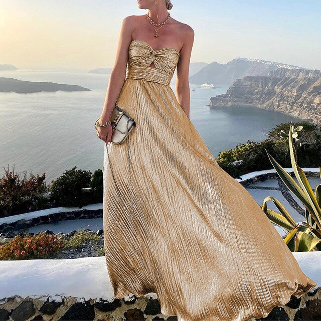 Maxi Summer Dress with V-neck and Waist Accent – Rosa-Gold-S-State of Style