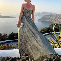 Maxi Summer Dress with V-neck and Waist Accent – Rosa-Silver-S-State of Style