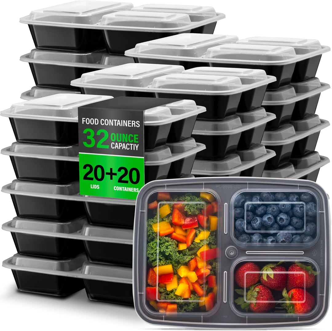 Meal Prep Containers – 3 Compartment Bento Dozen with Lid 900 ml [20 Pack]-State of Style