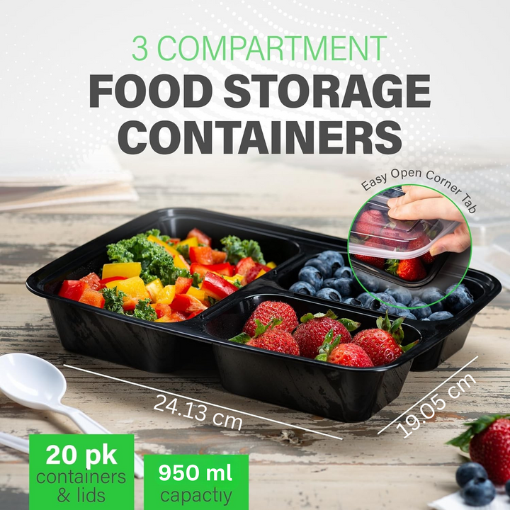 Meal Prep Containers – 3 Compartment Bento Dozen with Lid 900 ml [20 Pack]-State of Style