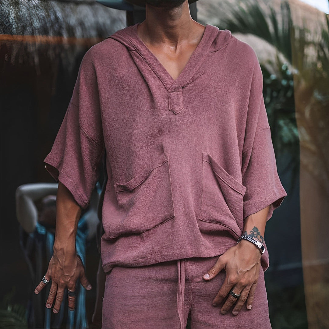 Men’s Bali Boho Two-Piece Set | Shirt & Shorts-Dark Pink-M-State of Style