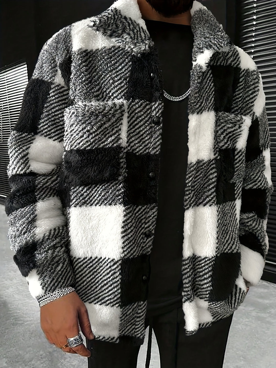 Men's Black and White Checked Fleece Jacket - Riley-S-State of Style