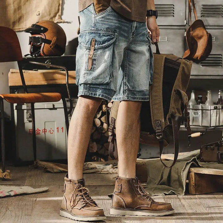 Men's Denim Cargo Shorts in Retro Motorcycle Style – Ronex-Denim Blue-S-State of Style