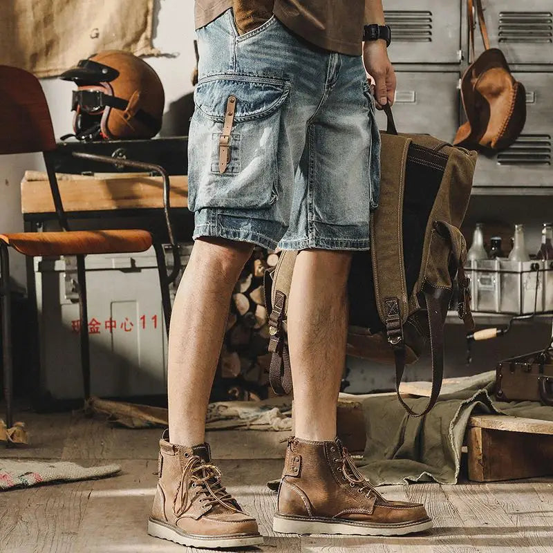 Men's Denim Cargo Shorts in Retro Motorcycle Style – Ronex-Denim Blue-S-State of Style