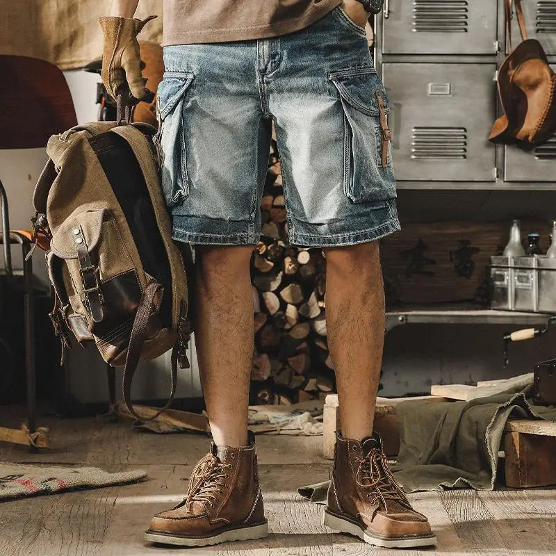 Men's Denim Cargo Shorts in Retro Motorcycle Style – Ronex-Denim Blue-S-State of Style