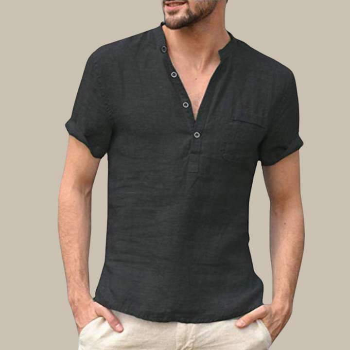 Men's Linen Shirt | V-Neck | Short Sleeves | Button Closure-Black-S-State of Style