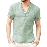 Men's Linen Shirt | V-Neck | Short Sleeves | Button Closure-Green-S-State of Style