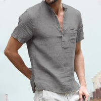 Men's Linen Shirt | V-Neck | Short Sleeves | Button Closure-Grey-S-State of Style