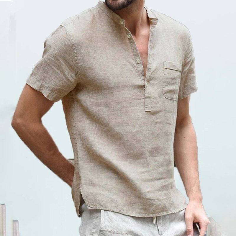 Men's Linen Shirt | V-Neck | Short Sleeves | Button Closure-Khaki-S-State of Style