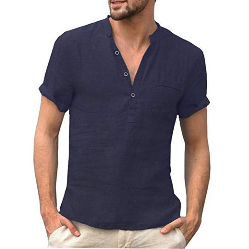 Men's Linen Shirt | V-Neck | Short Sleeves | Button Closure-Marine Blue-S-State of Style