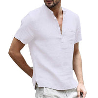 Men's Linen Shirt | V-Neck | Short Sleeves | Button Closure-White-S-State of Style