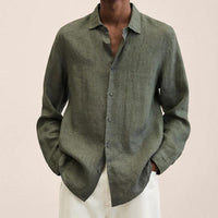 Men's linen shirt with long sleeves – Finn-Olive green-M-State of Style