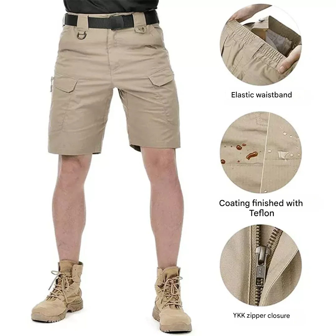 Men's outdoor shorts with 6 zip pockets - FlexTrek cargo shorts-Light brown-S-State of Style